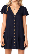Polka Dot V Neck Button Down Ruffle Mini Dress - Lightweight Summer