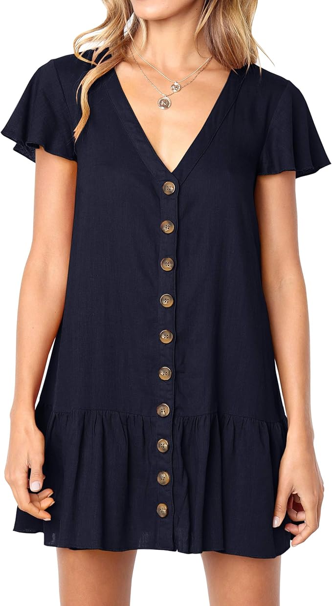 Imysty Womens Polka Dot V Neck Button Down Ruffles Dress
