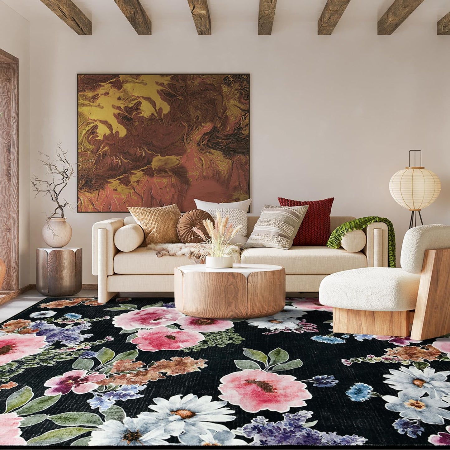Soft Botanical Boho Rug - 5x7 Non-Slip Washable