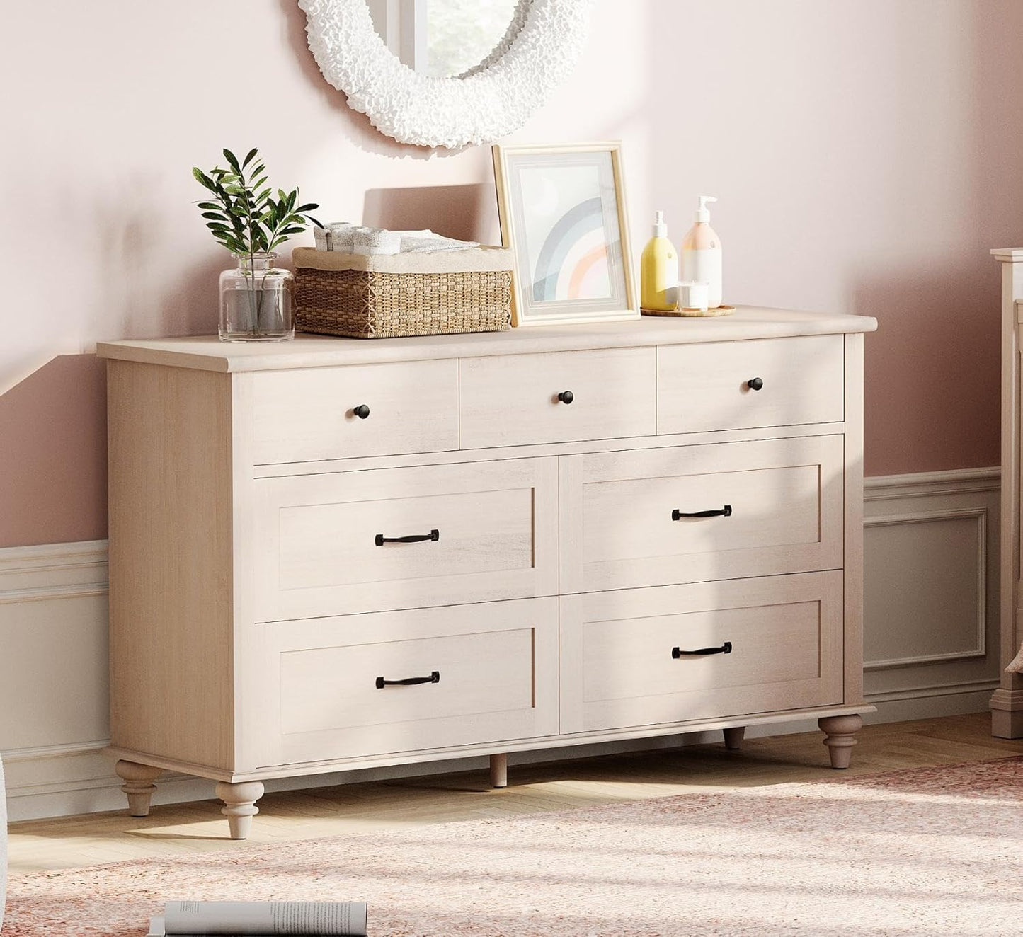 Beige Baby Dresser with 7 Drawers for Kids Room Storage