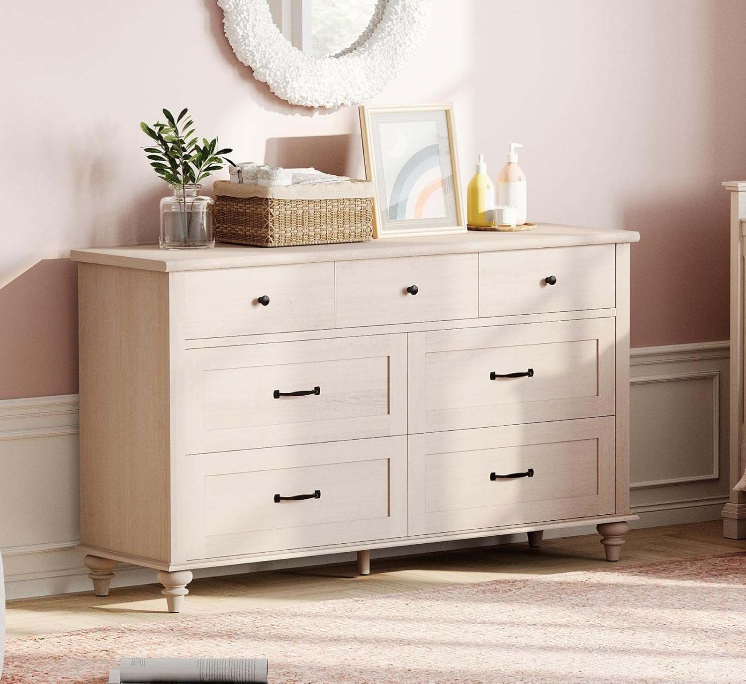 Beige Baby Dresser with 7 Drawers for Kids Room Storage