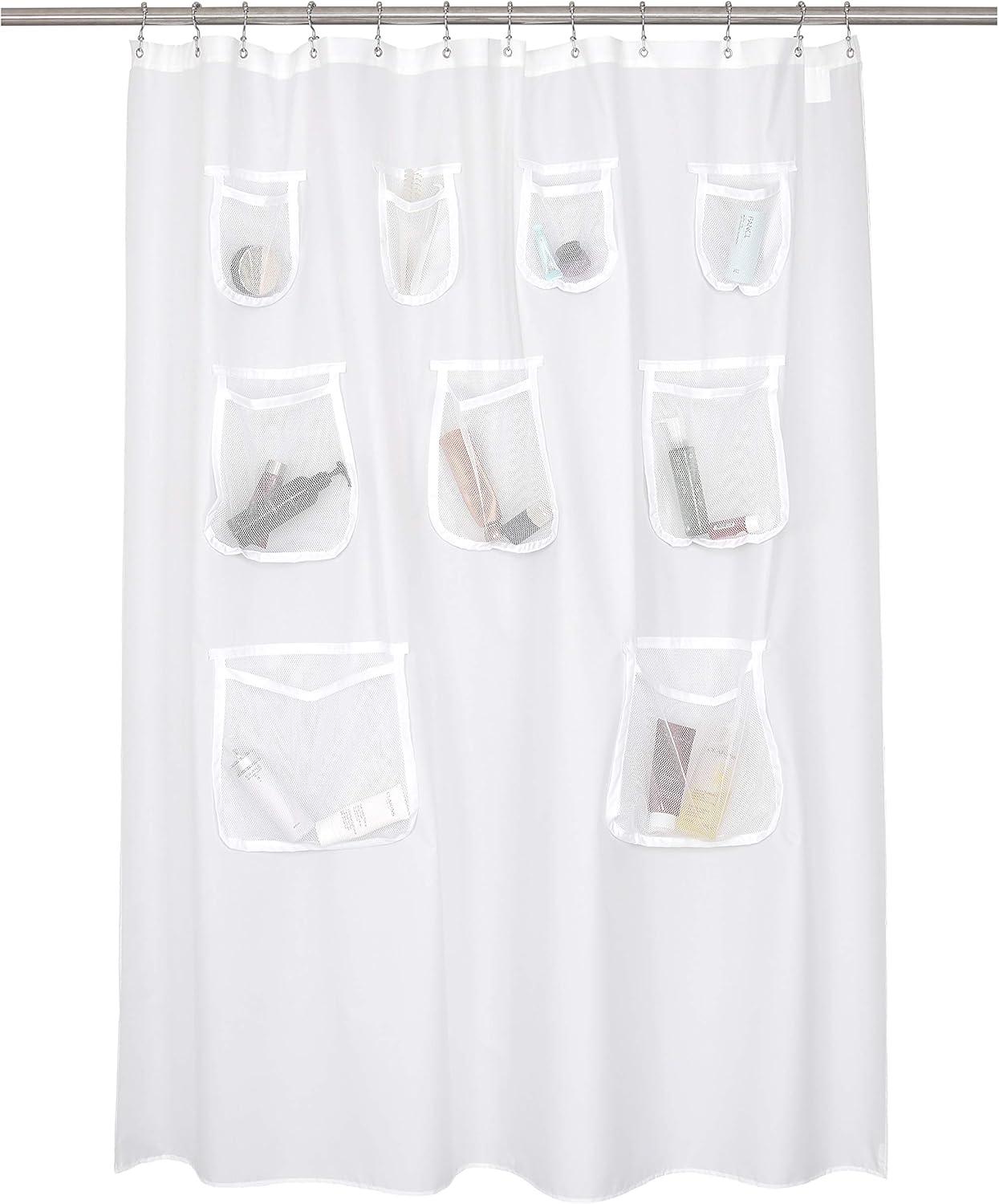 Water Repellent Shower Curtain w/ 9 Pockets - 71x72 In