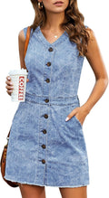 Sleeveless V Neck Button Down Frayed Hem Short Denim Dress - Casual