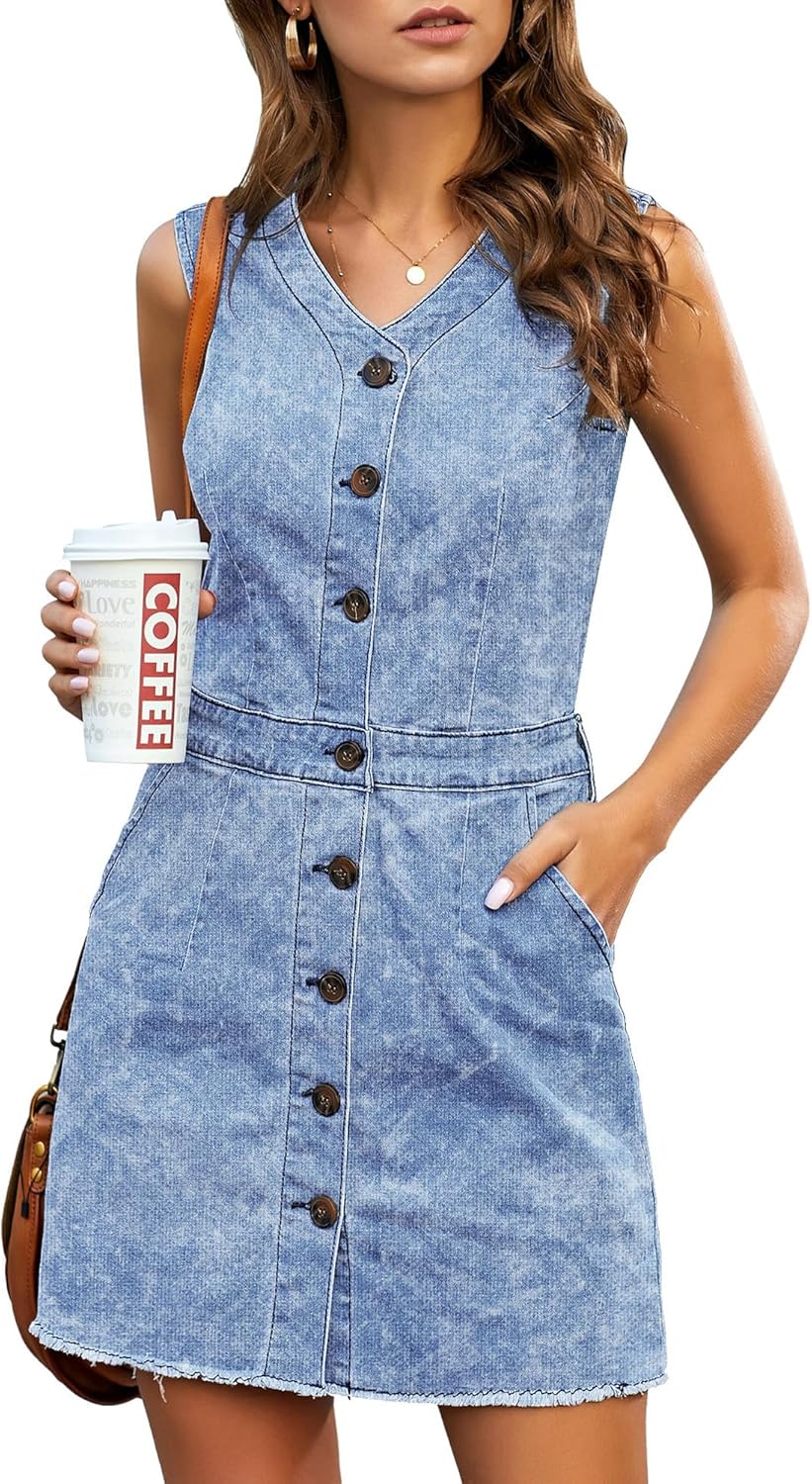 Stylish Sleeveless V Neck Button Down Frayed Hem Denim Dress