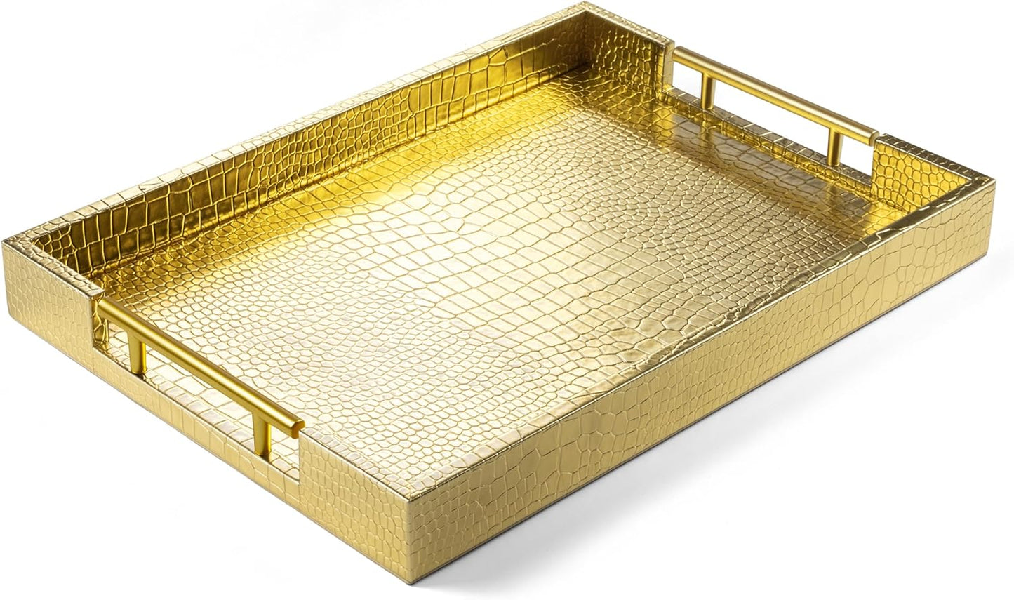17 x 12 Wood Serving Tray with Gold Handles for All Occasions