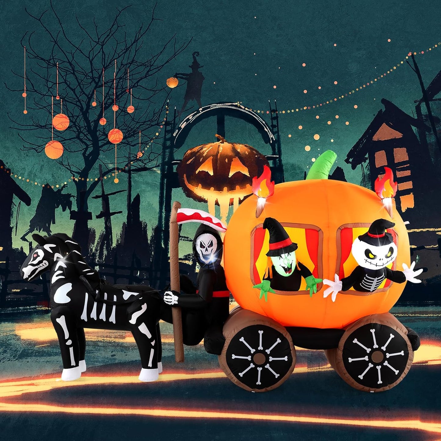 10.2 FT Long Halloween Inflatable Carriage with LED Lights