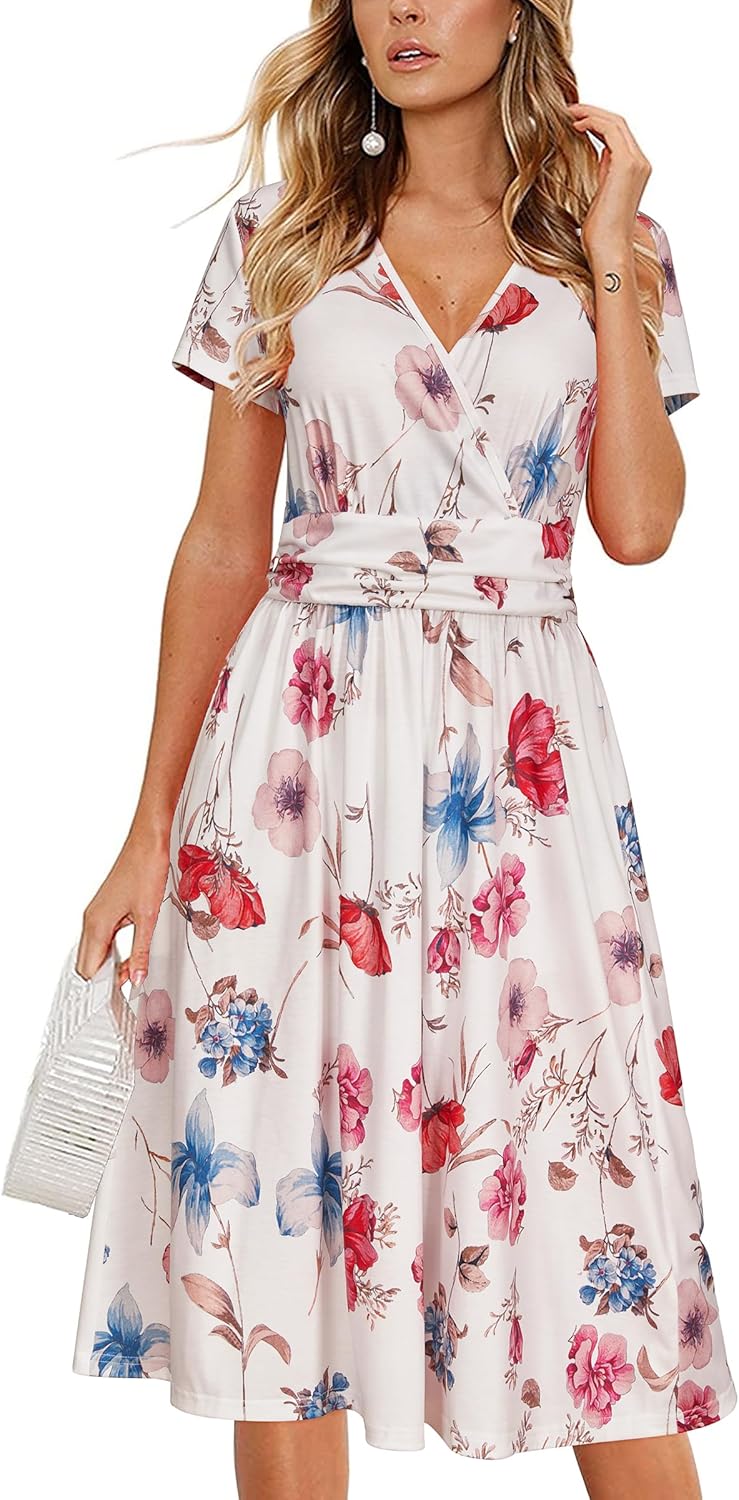 OUGES Women's Summer Short Sleeve V-Neck Floral Dress with Pockets