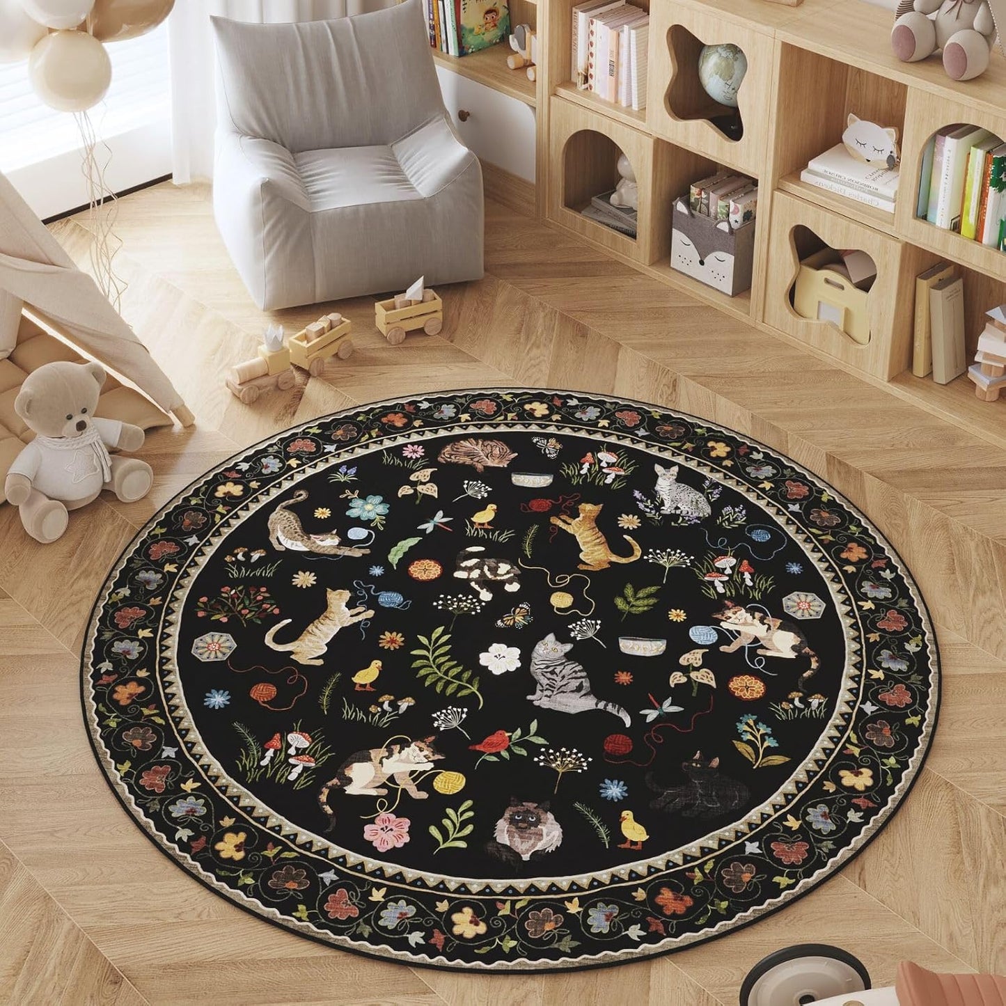 Rugcomf Round Rug 6ft Washable Non Slip Boho Floral Design