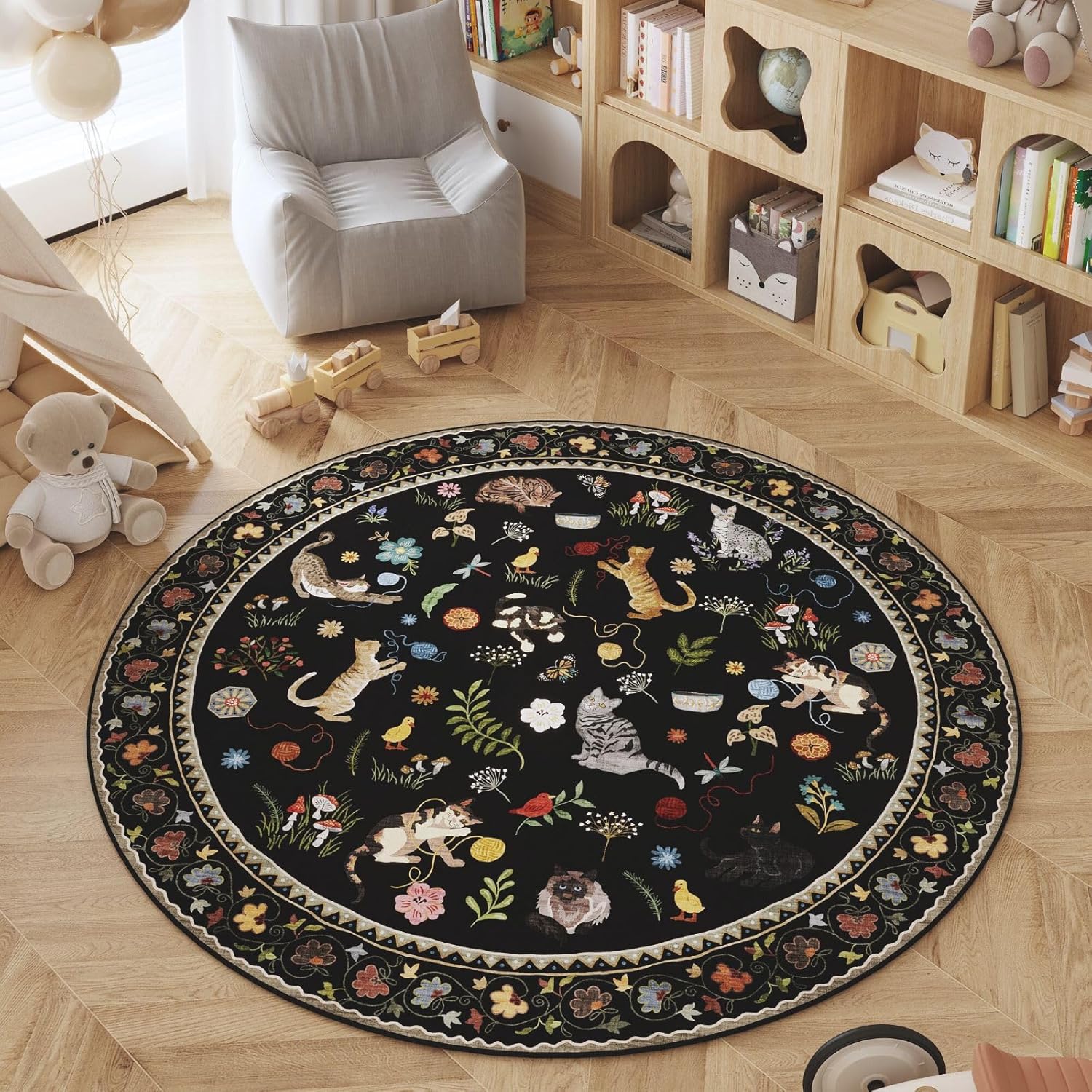 Rugcomf Round Rug 6ft Washable Non Slip Boho Floral Design