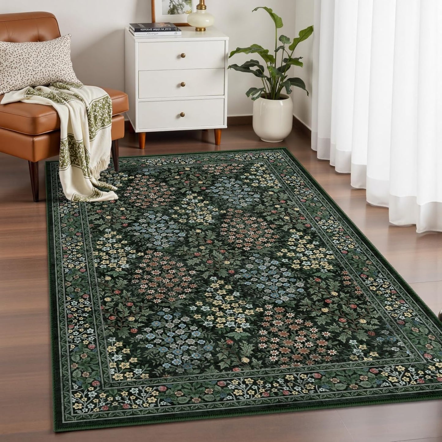 4x6 Green Floral Soft Non Slip Washable Rug for Modern Spaces