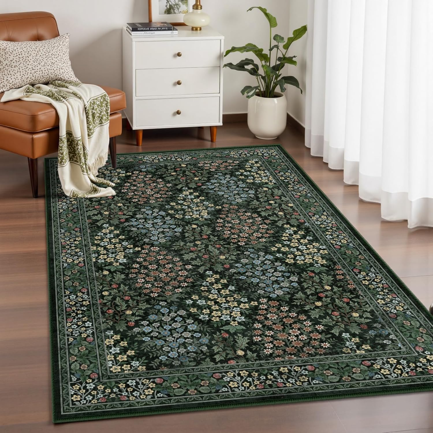 4x6 Green Floral Soft Non Slip Washable Rug for Modern Spaces