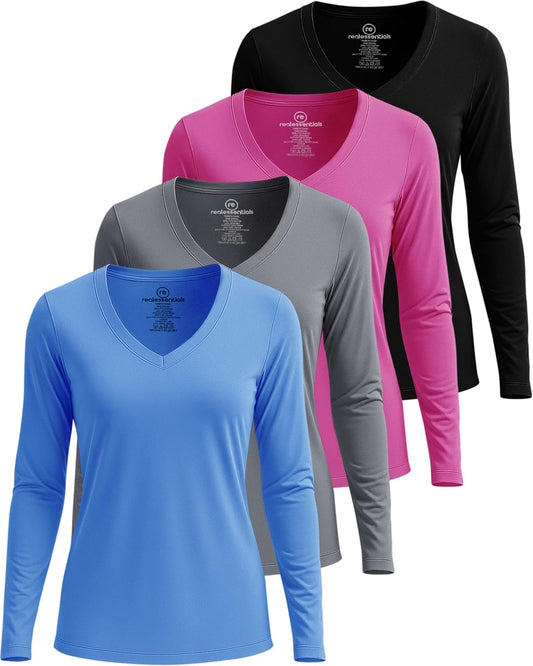Real Essentials Women's Long Sleeve Dry Fit V-Neck Athletic Tops