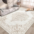 Area Rug 5ftx7ft Vintage Beige Rug - Washable Low Pile Medallion