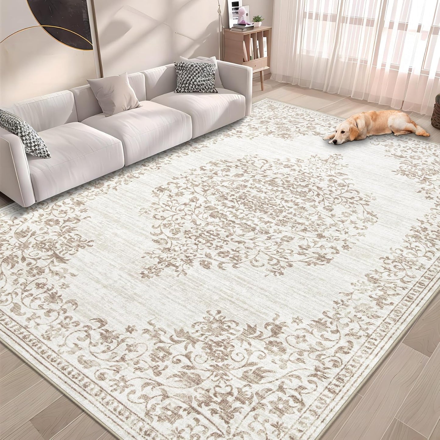 Vintage 5x7 Area Rug: Washable Low Pile Distressed Carpet