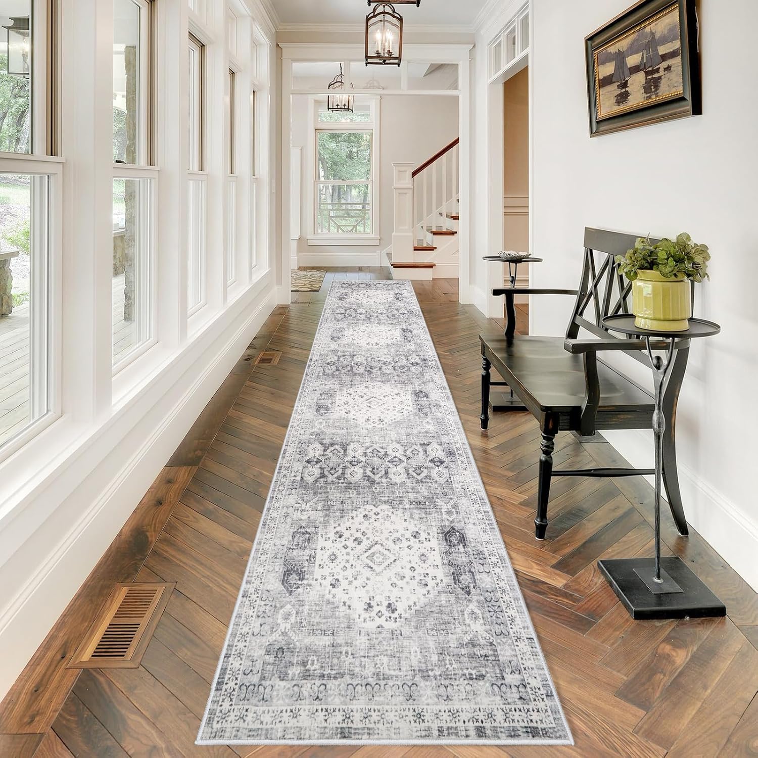 Vintage Washable Hallway Runner Rug 2ft6x12 with Non Slip Backing
