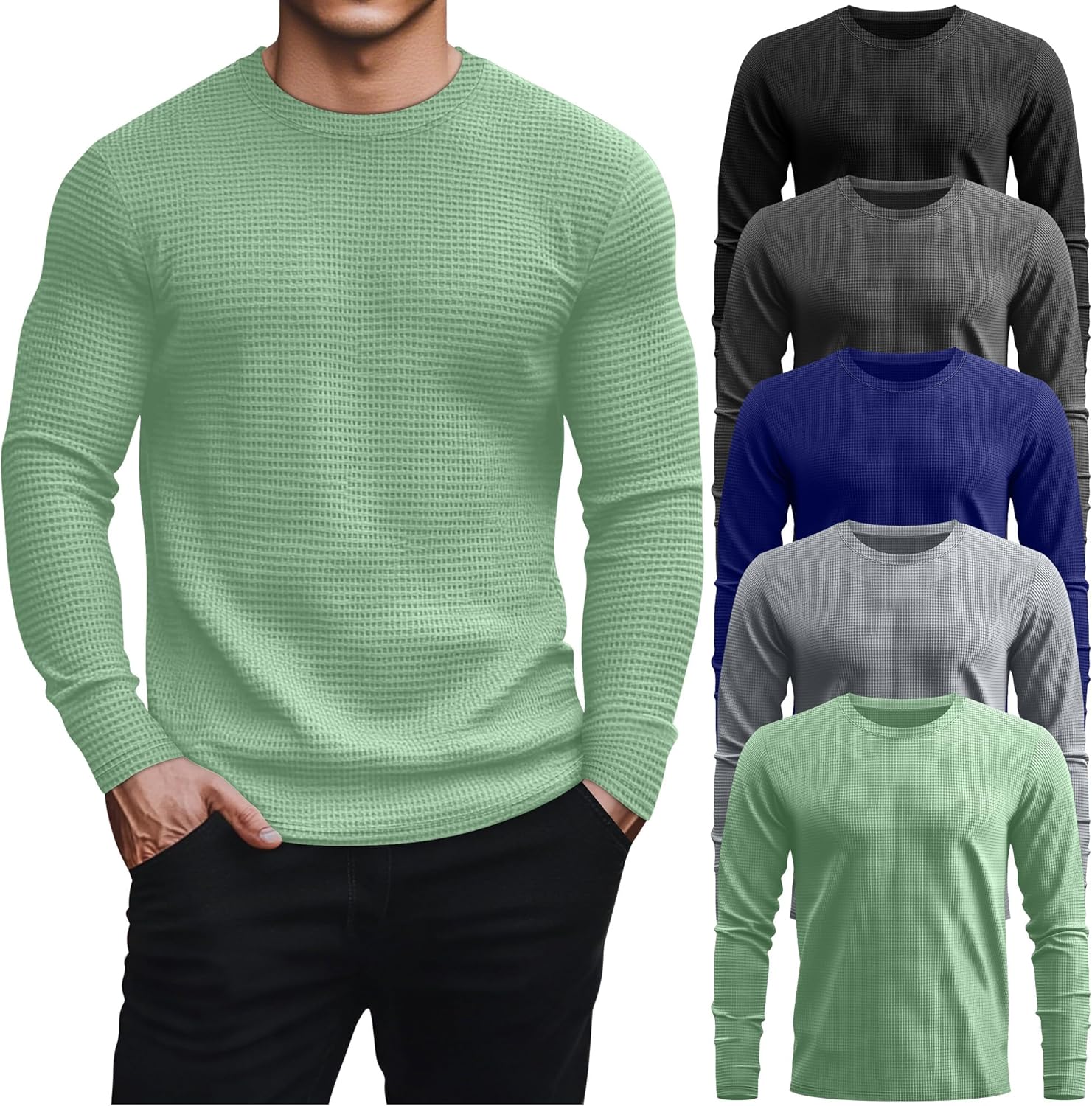 5 Pack Thermal Waffle Shirts for Men - Casual Long Sleeve Tops