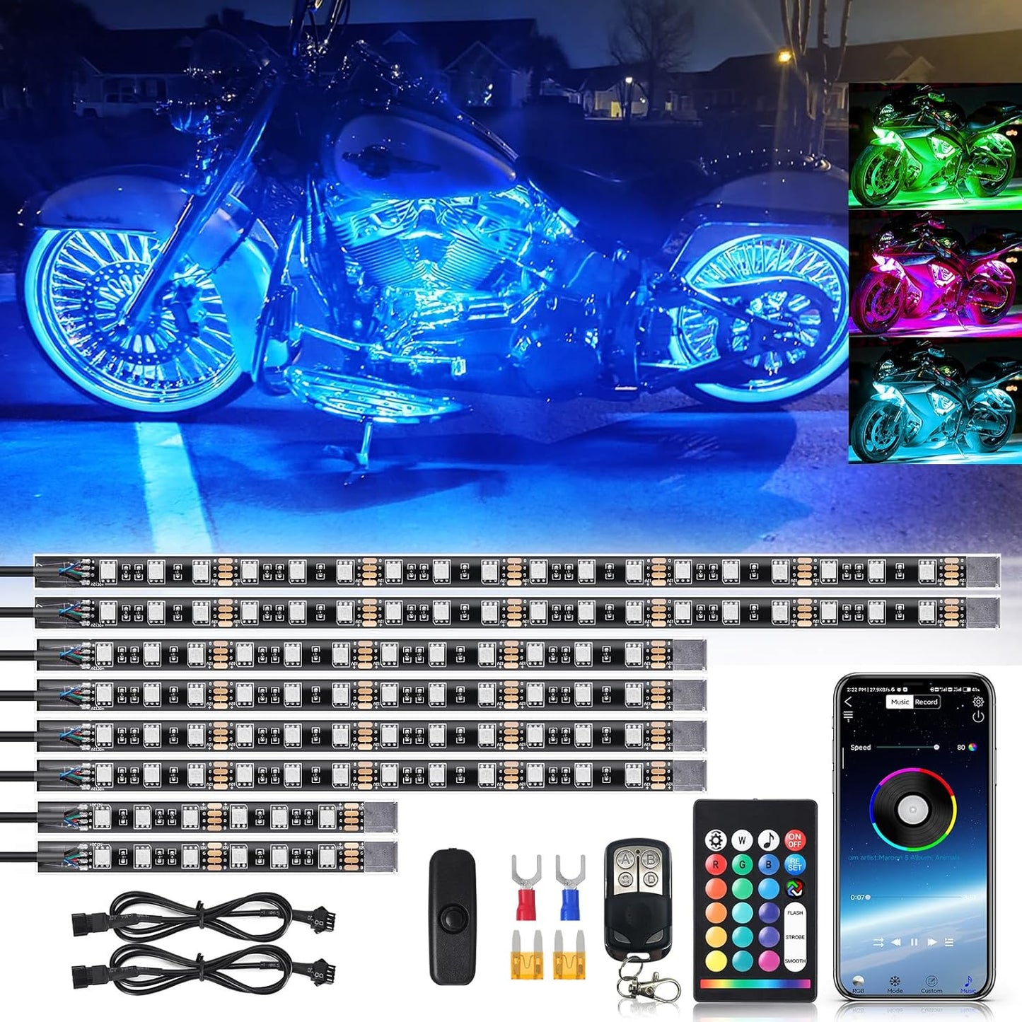 ZONECONA 8PCS Motorcycle RGB LED Light Kits for Safety