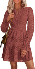 PRETTYGARDEN Women's Long Sleeve Eyelet Mini Dress - Elegant Casual