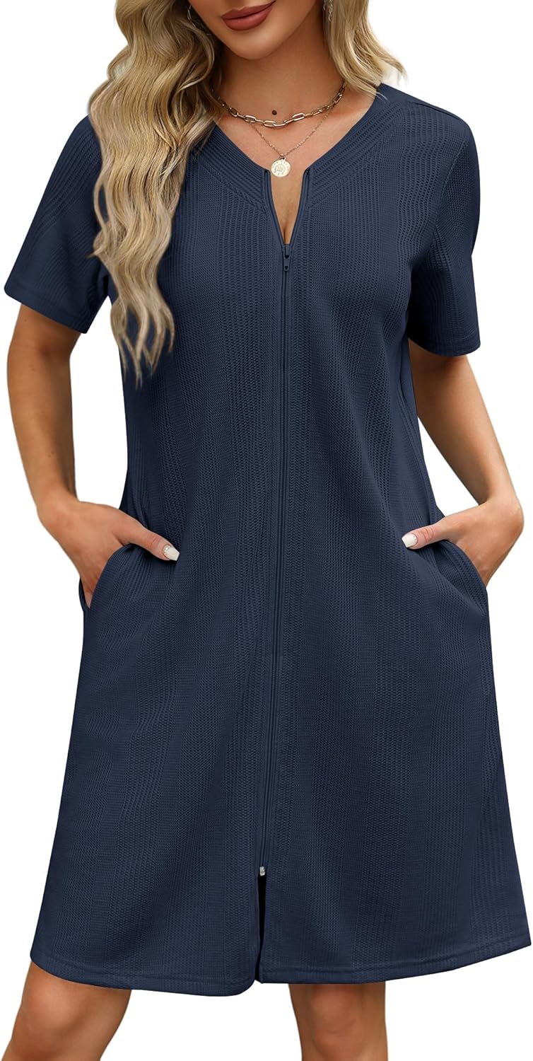 Ekouaer Women Zipper Robes Waffle Short Bathrobe with Pockets
