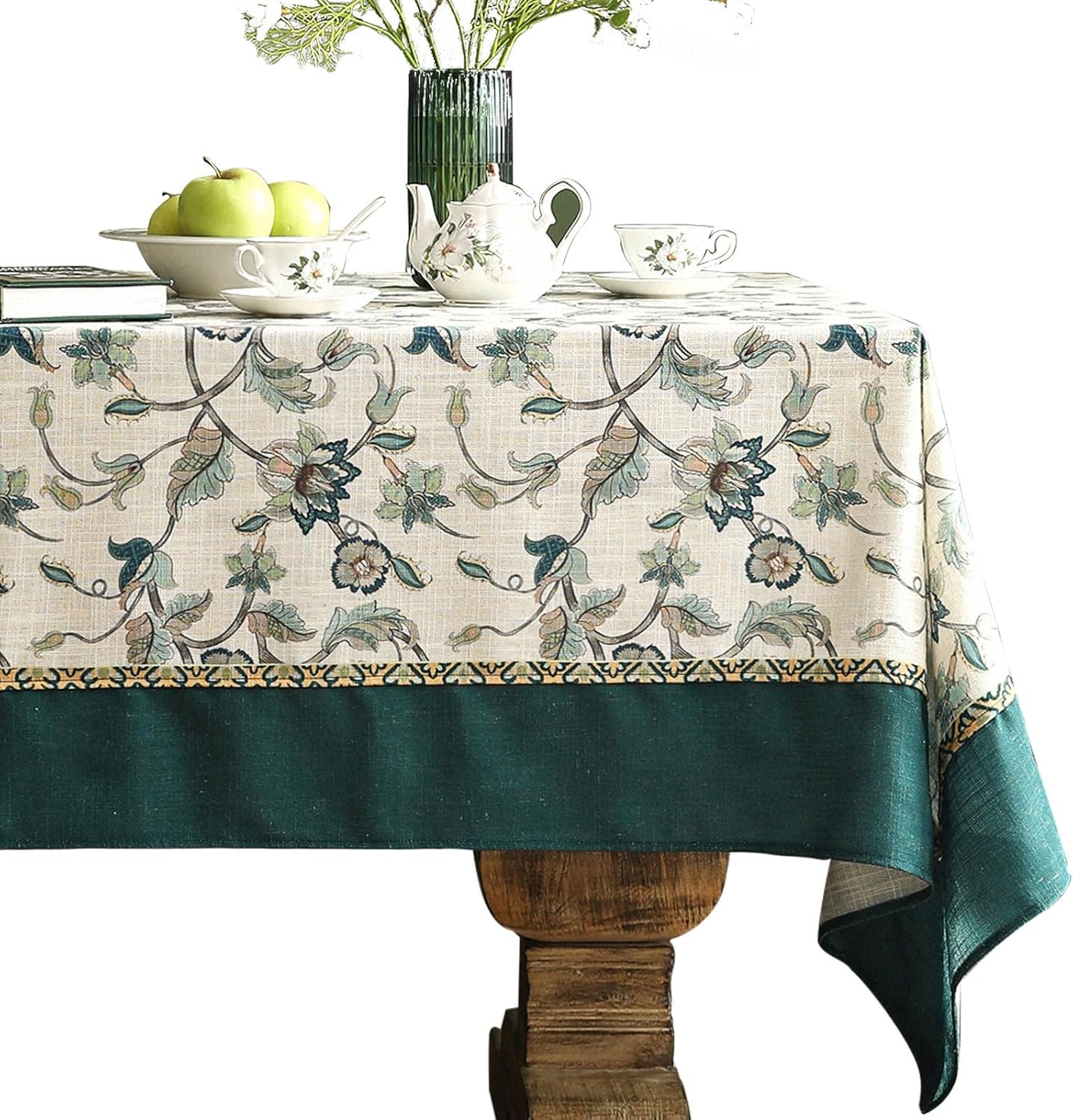 Designer Green Linen Extra Long Rectangle Tablecloth for Dining