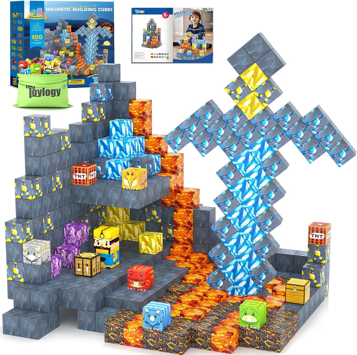 100PCS Magnetic Blocks for Kids - Build Jurassic Dinosaur Swords