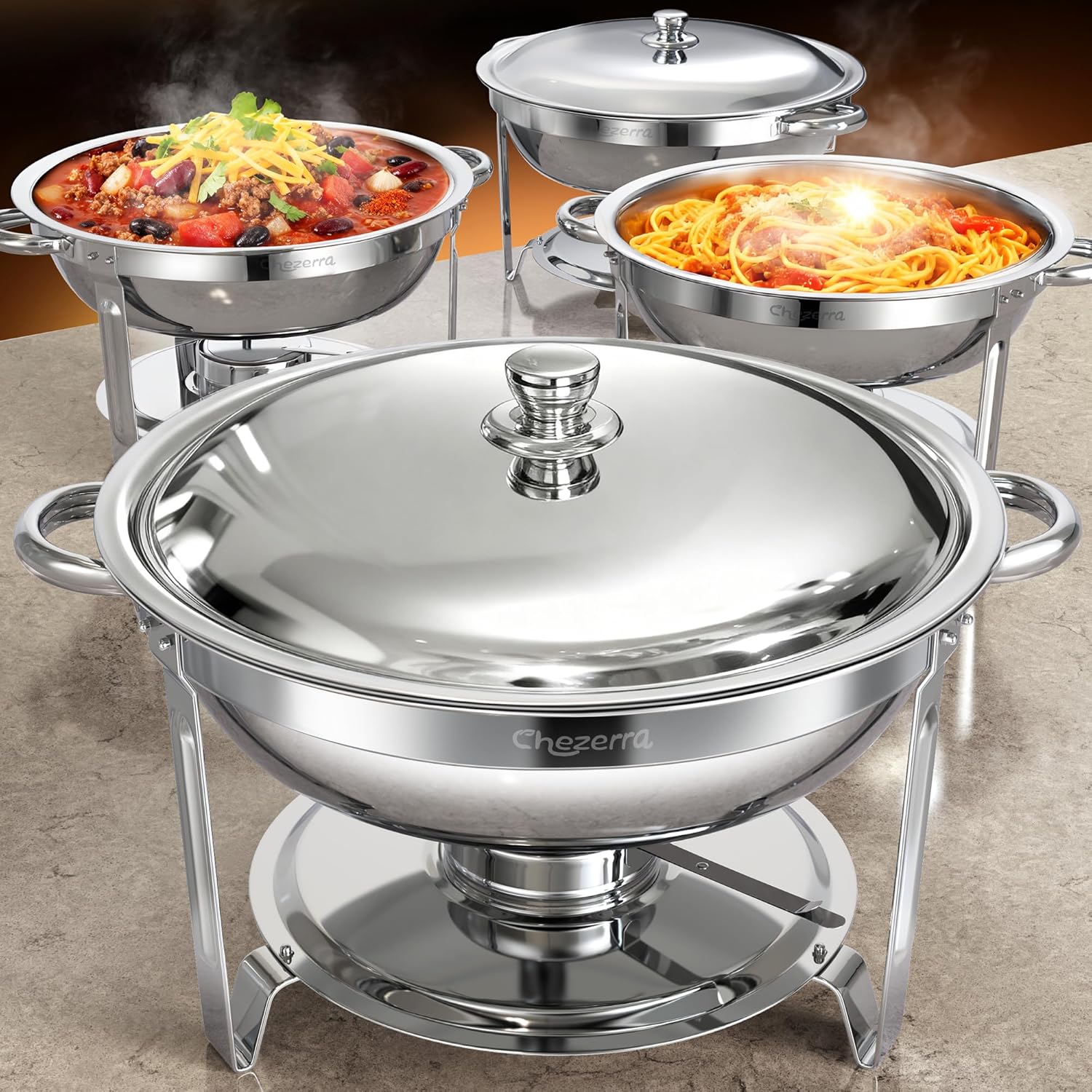 Chafing Dishes for Buffet - 4 Pack 5QT Round Stainless Steel Set