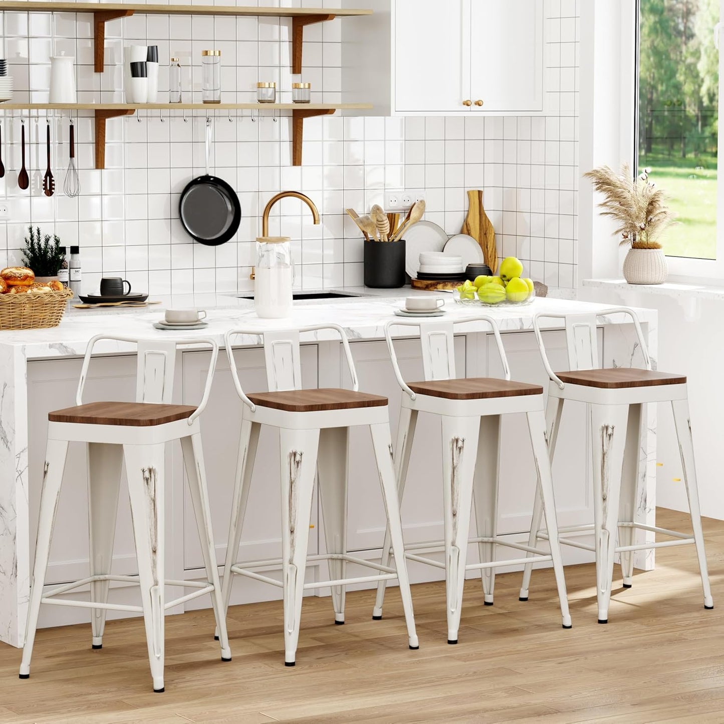 Industrial Style Bar Stools Set of 4 with Metal Frame