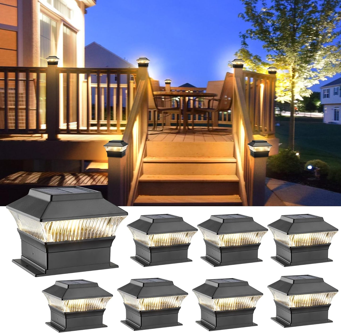 Solar Powered Fence Post Lights for Outdoor Spaces - 8 Pack