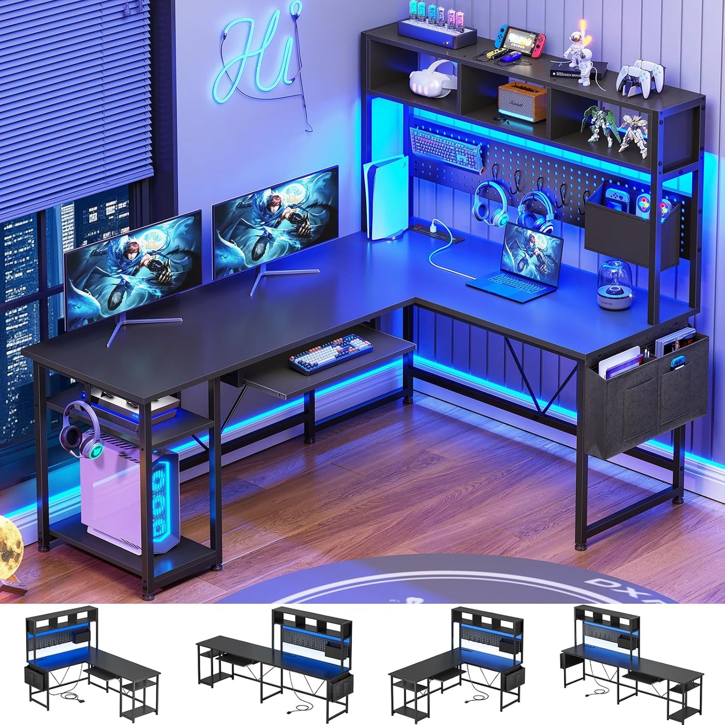 SEDETA L-Shaped Gaming Desk: Storage, Pegboard, LED Lights