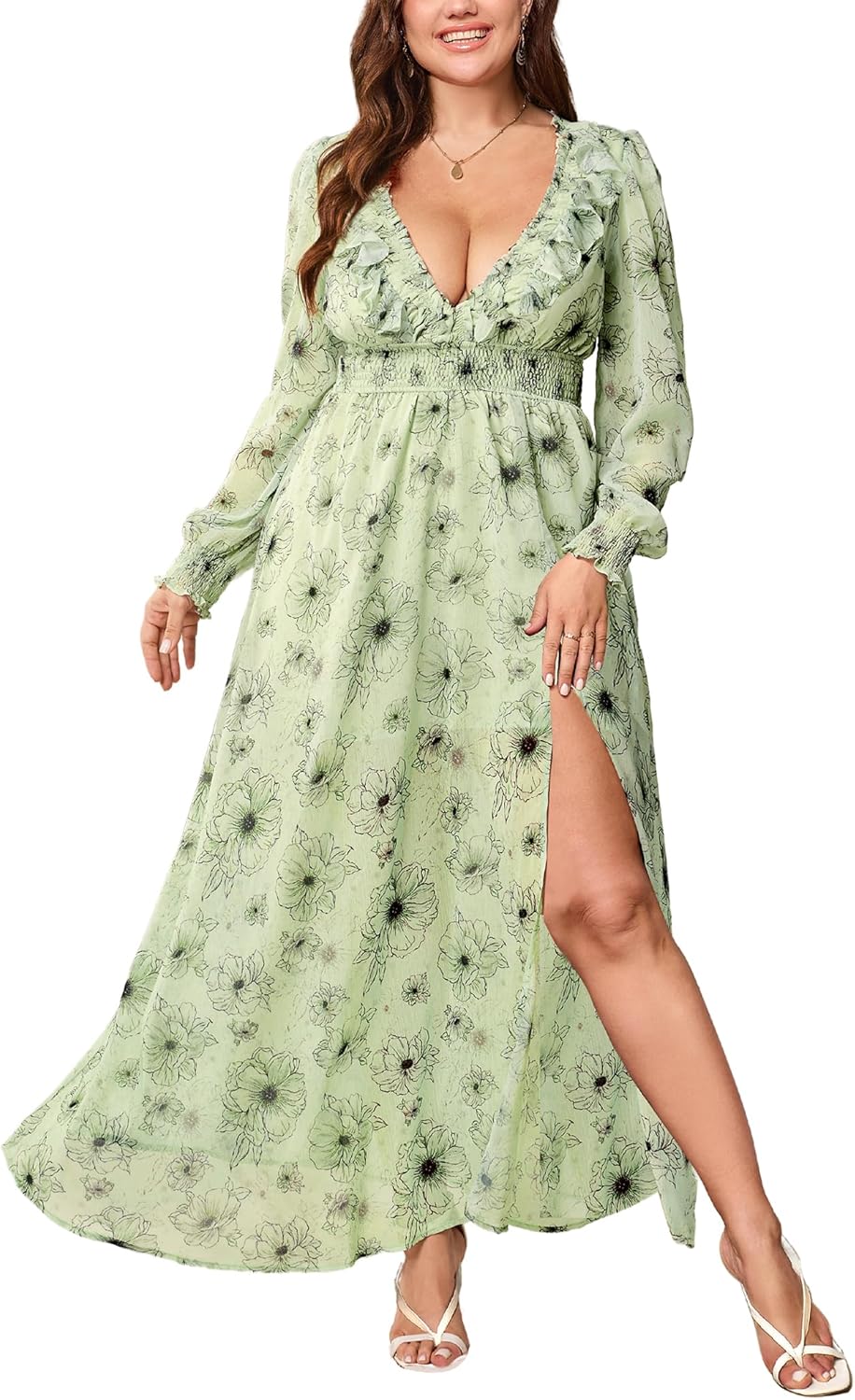 Plus Size Womens Chiffon Deep V Neck Long Sleeve Maxi Dress