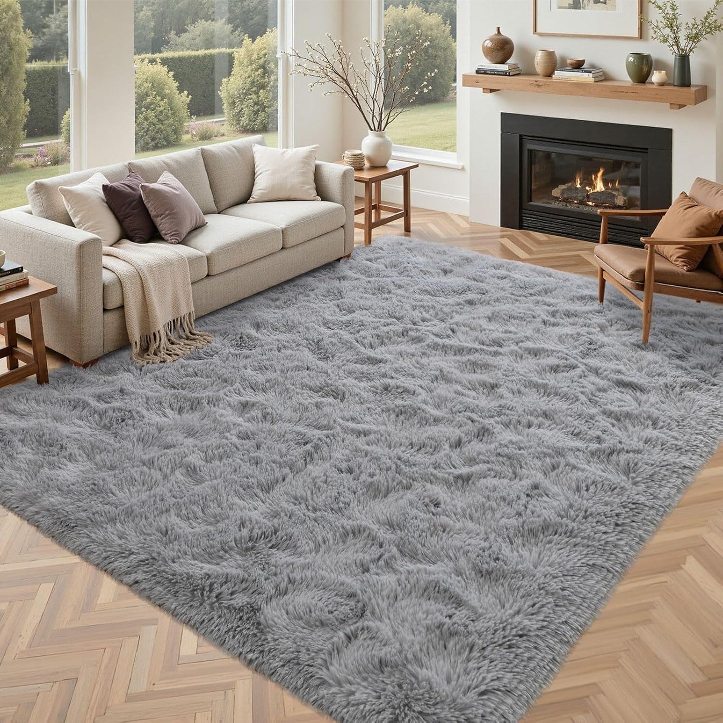 5x7 ft Light Grey Fluffy Rug for Living Room and Bedroom
