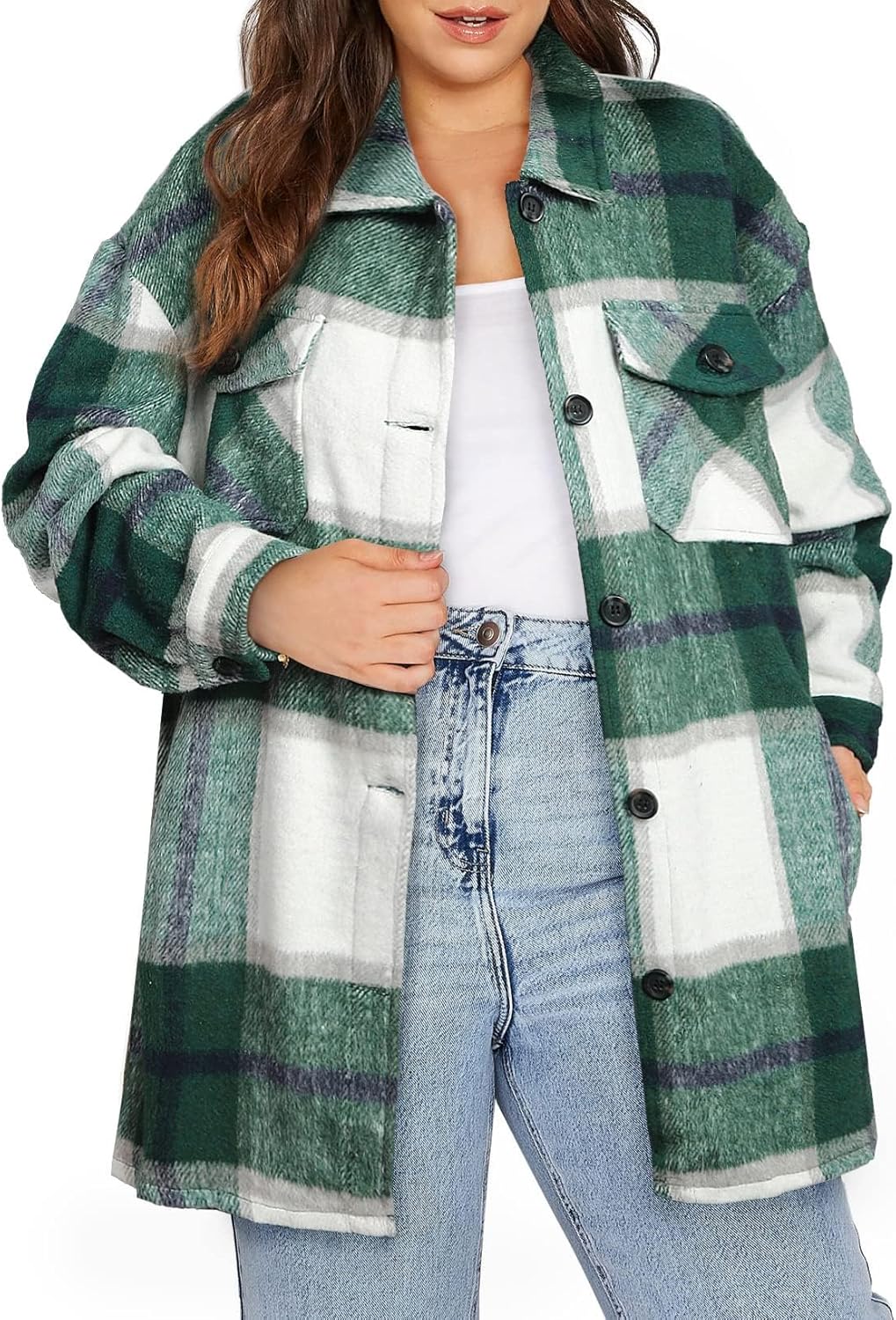 Eytino Womens Plus Size Long Sleeve Button Down Plaid Shacket