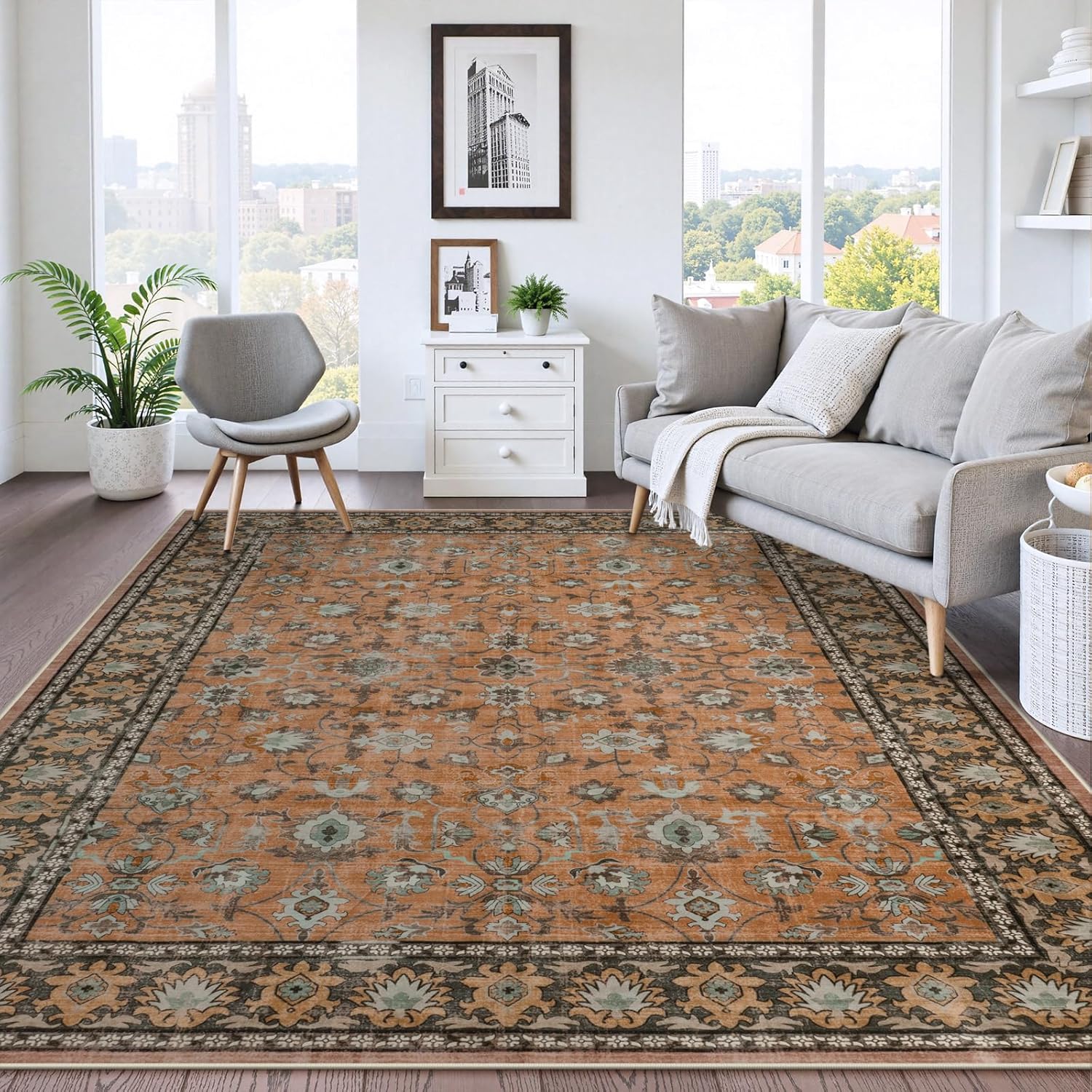 LIVEBOX Washable Area Rug 8x10 - Large Brown Boho Vintage Rug