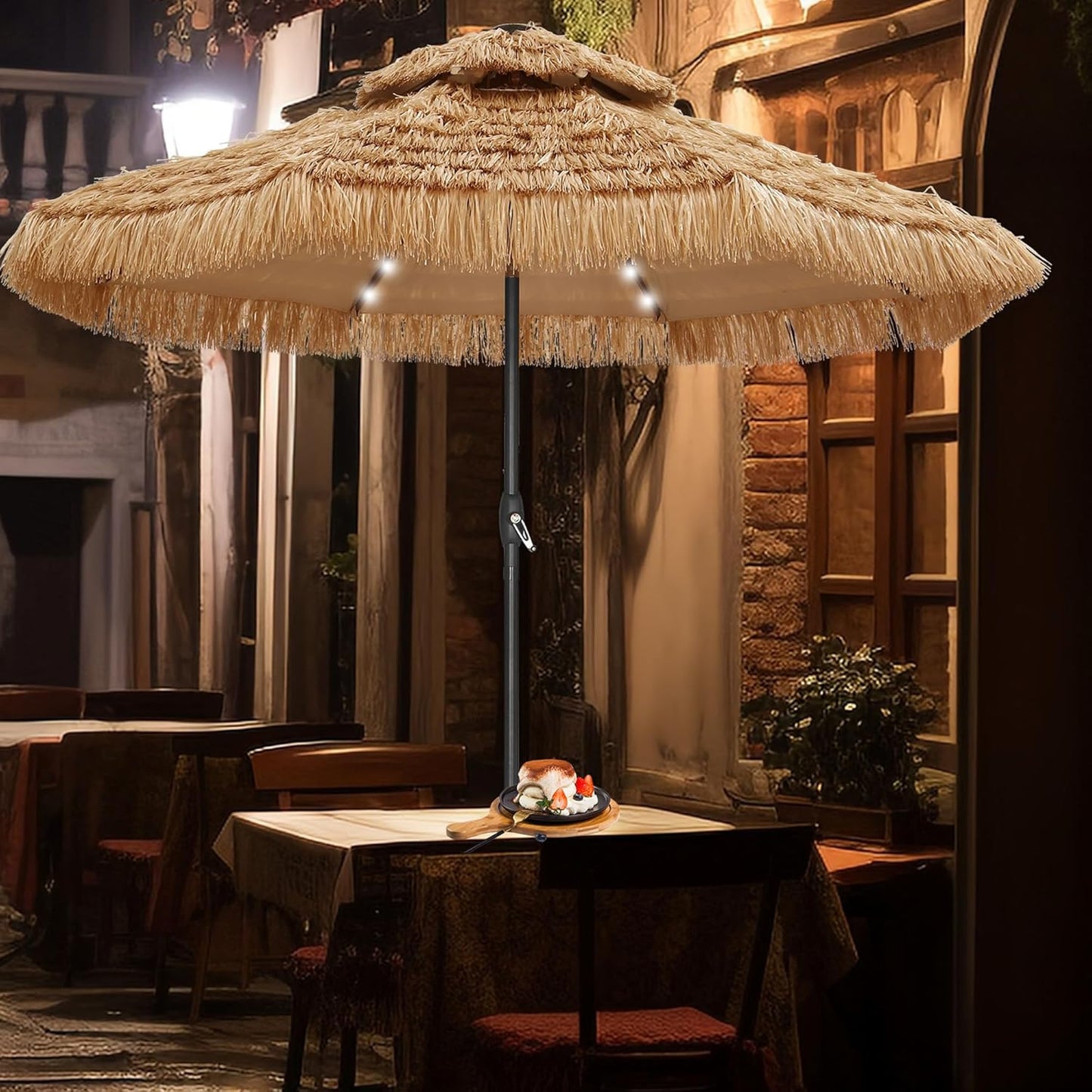 GDY 9 ft 2-Tier Solar Tiki Umbrella with 32 LED Lights