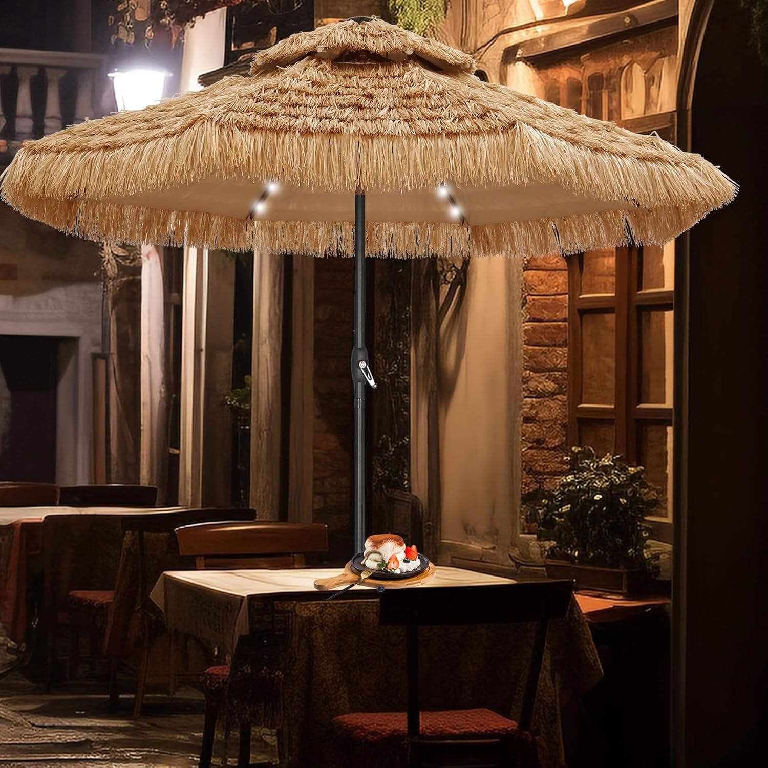 GDY 9 ft 2-Tier Solar Tiki Umbrella with 32 LED Lights
