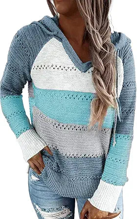 SHEWIN Women's Color Block Lightweight Hooded Sweater for Style