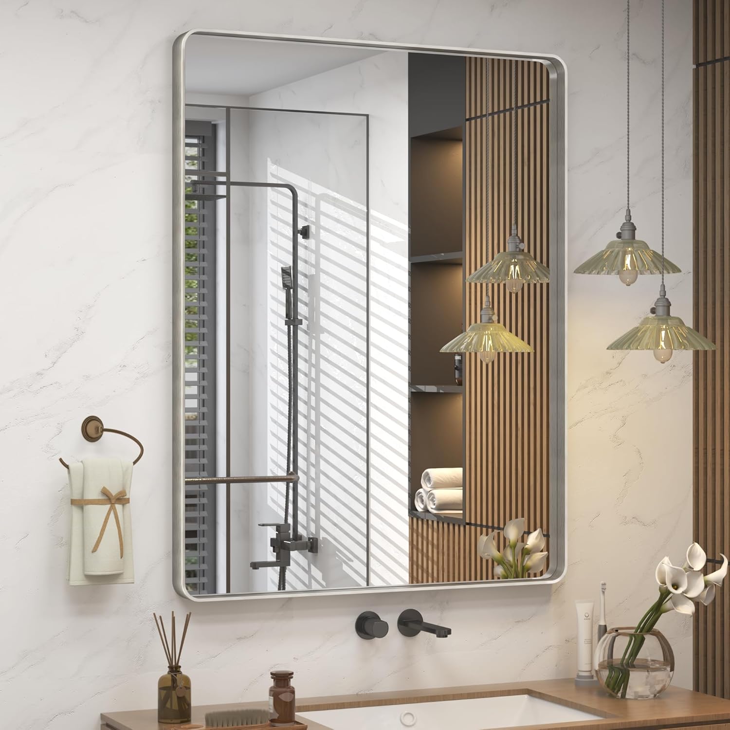 24x32 Inch Brushed Nickel Bathroom Mirror with Rounded Frame