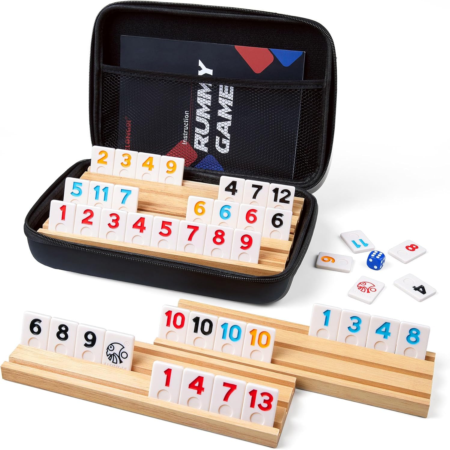 Rummy Cube Game Set with 4 Wooden Racks and 106 Tiles
