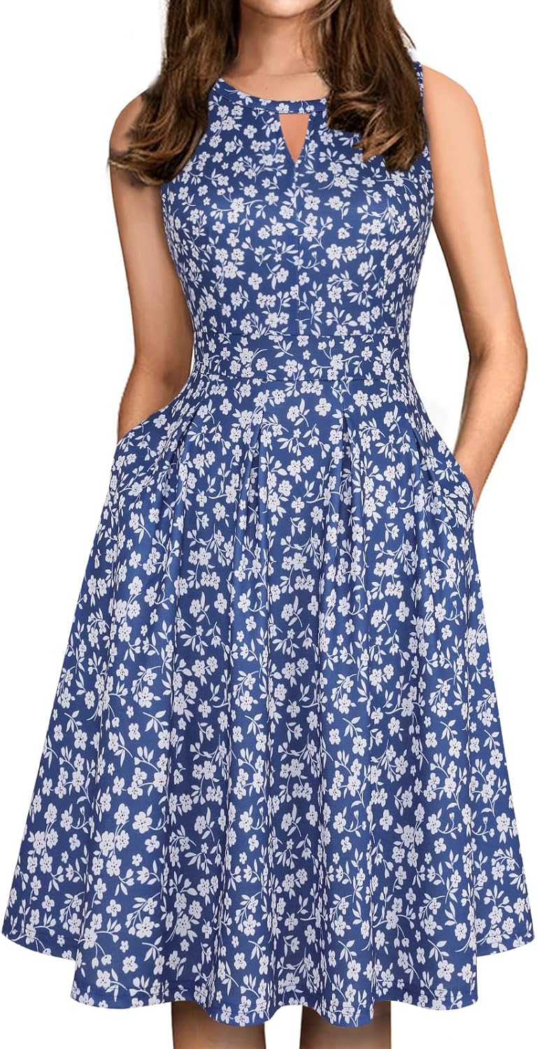 Sureple Women's Retro Sleeveless Swing Dress with Pockets