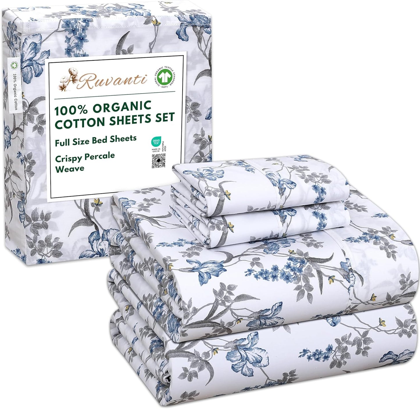 100% Organic Cotton Sheets Full Size Set with Deep Pockets