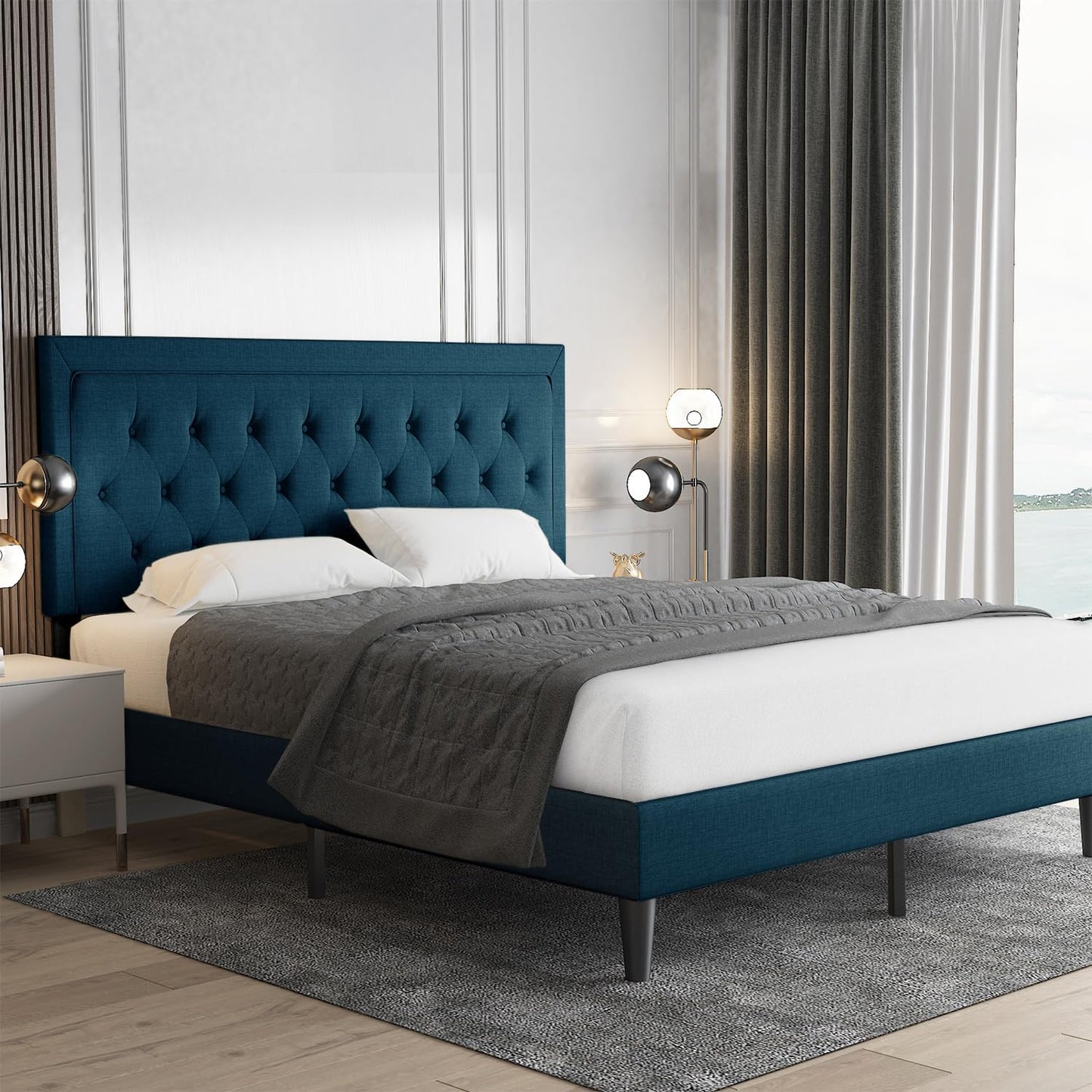 King Size Upholstered Platform Bed Frame with Tufted Headboard 60ft