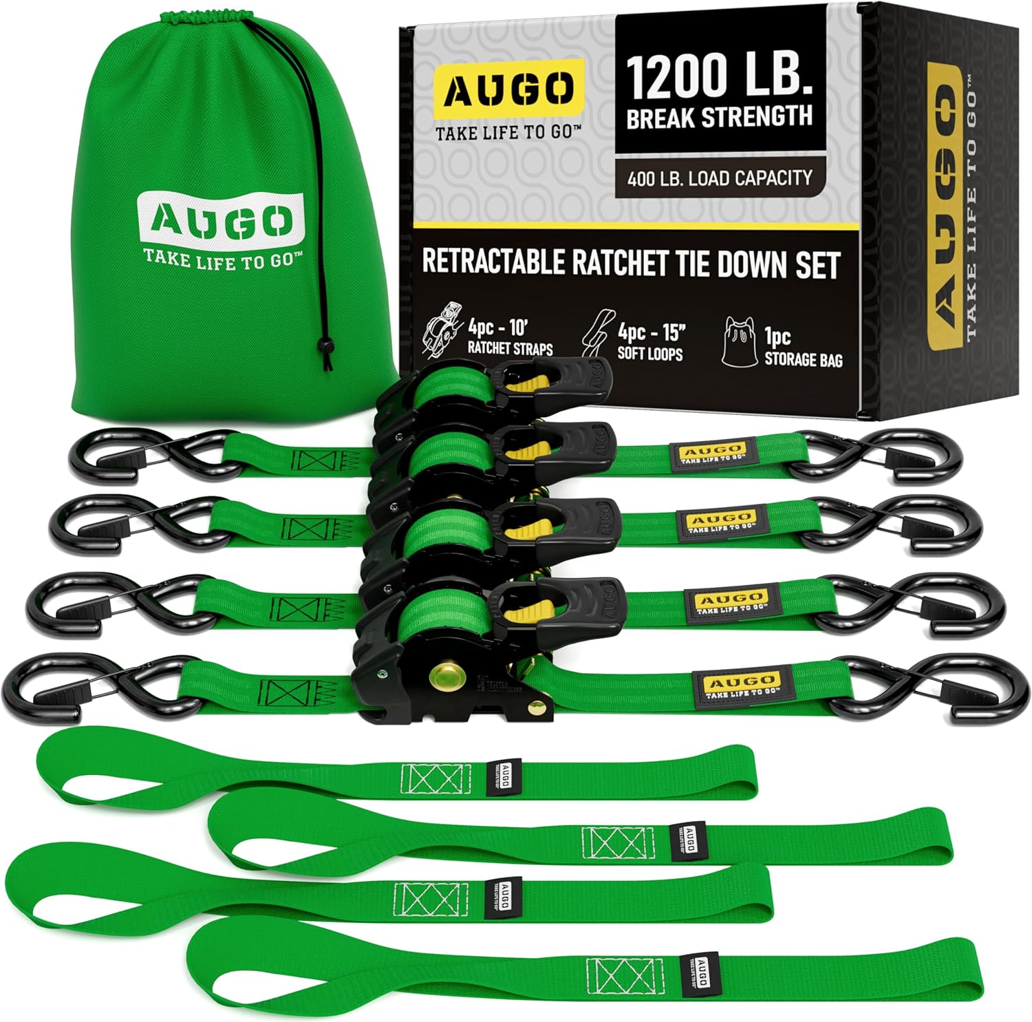 AUGO Retractable Ratchet Straps for Heavy Duty Cargo Securement