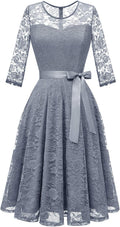 Women's Floral Lace Tea Length Dress with Sheer Neckline - Elegant