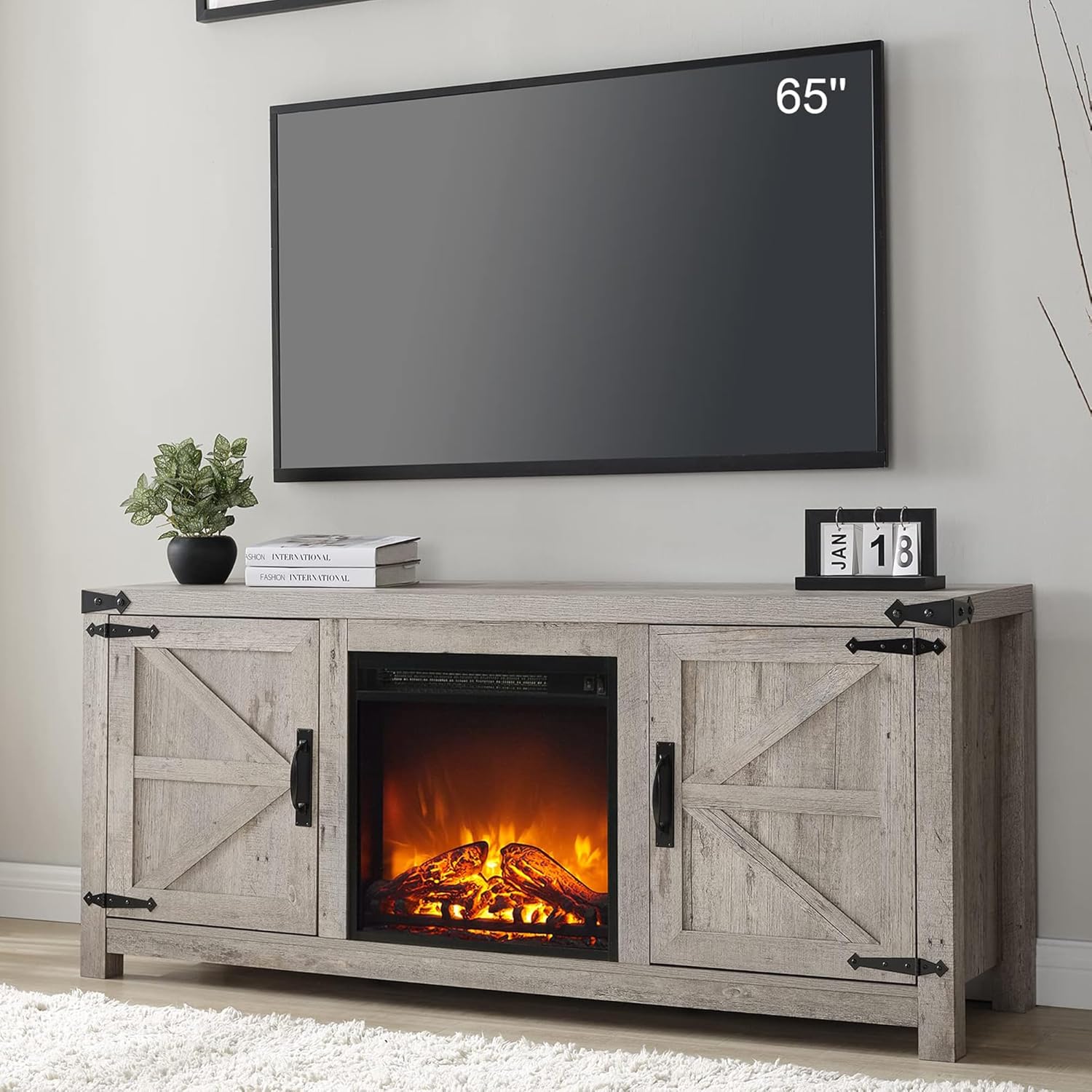Farmhouse Fireplace TV Stand w/ Electric Fire, 65 TV, Storage