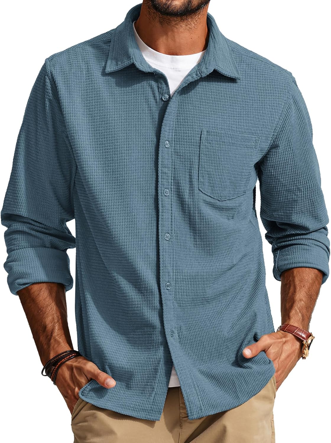 PJ PAUL JONES Men's Long Sleeve Waffle Button Down Shirt Review