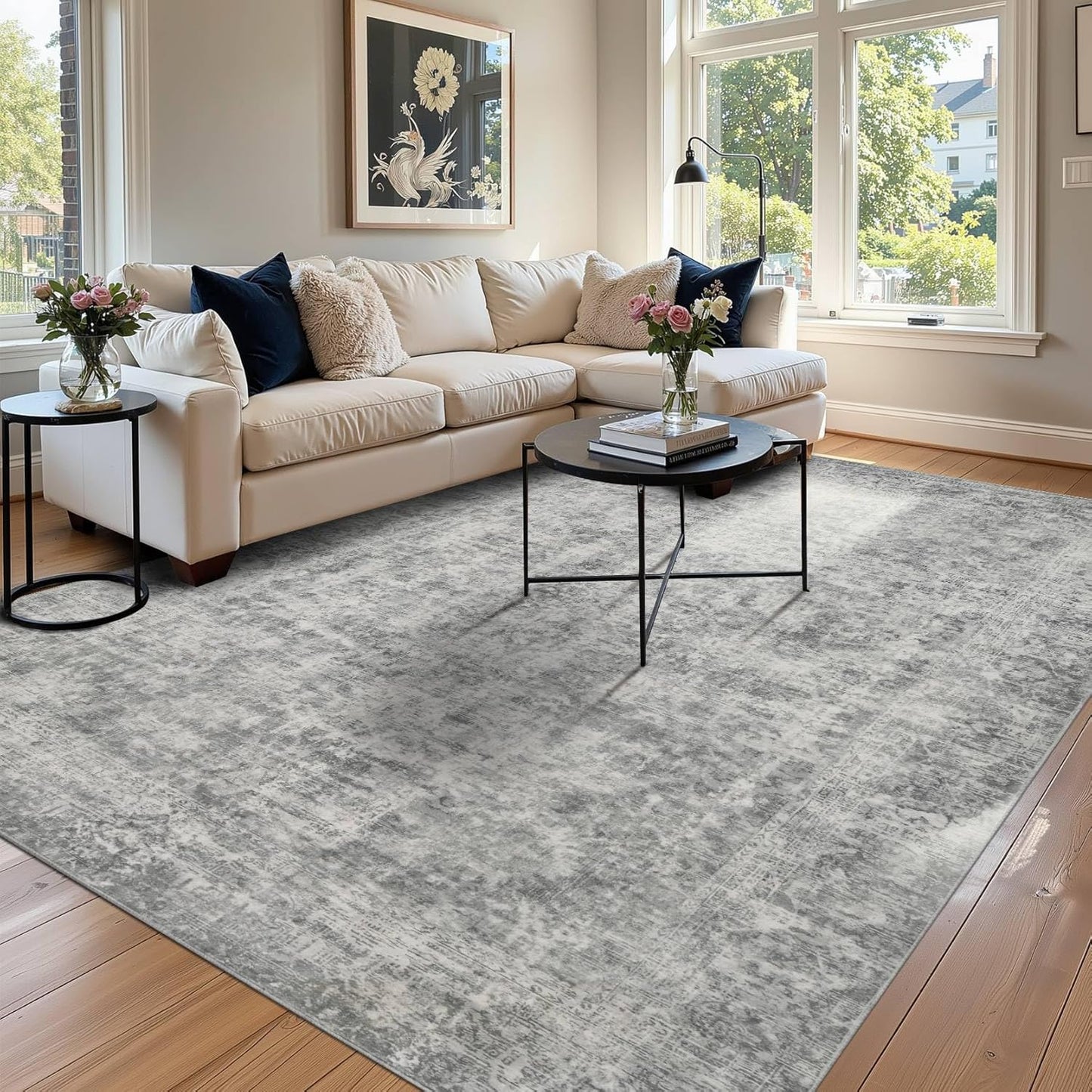 6x9 Area Rugs for Living Room Bedroom, Vintage Abstract Grey Rug