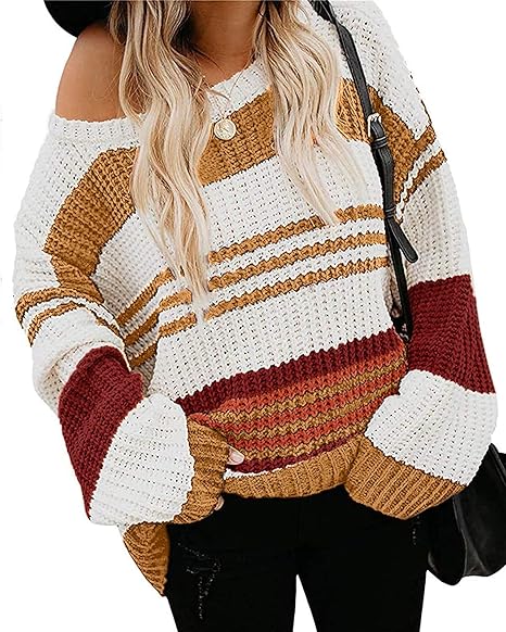 ZESICA Women's Fall Long Sleeve Striped Color Block Sweater