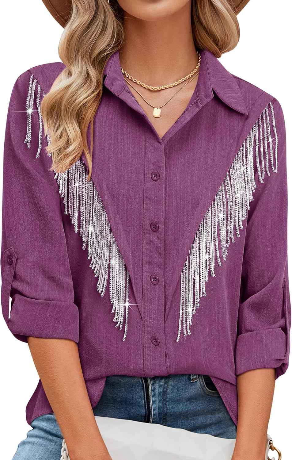MYMORE Womens Sparkly Fringe Button Down Shirt for Concerts