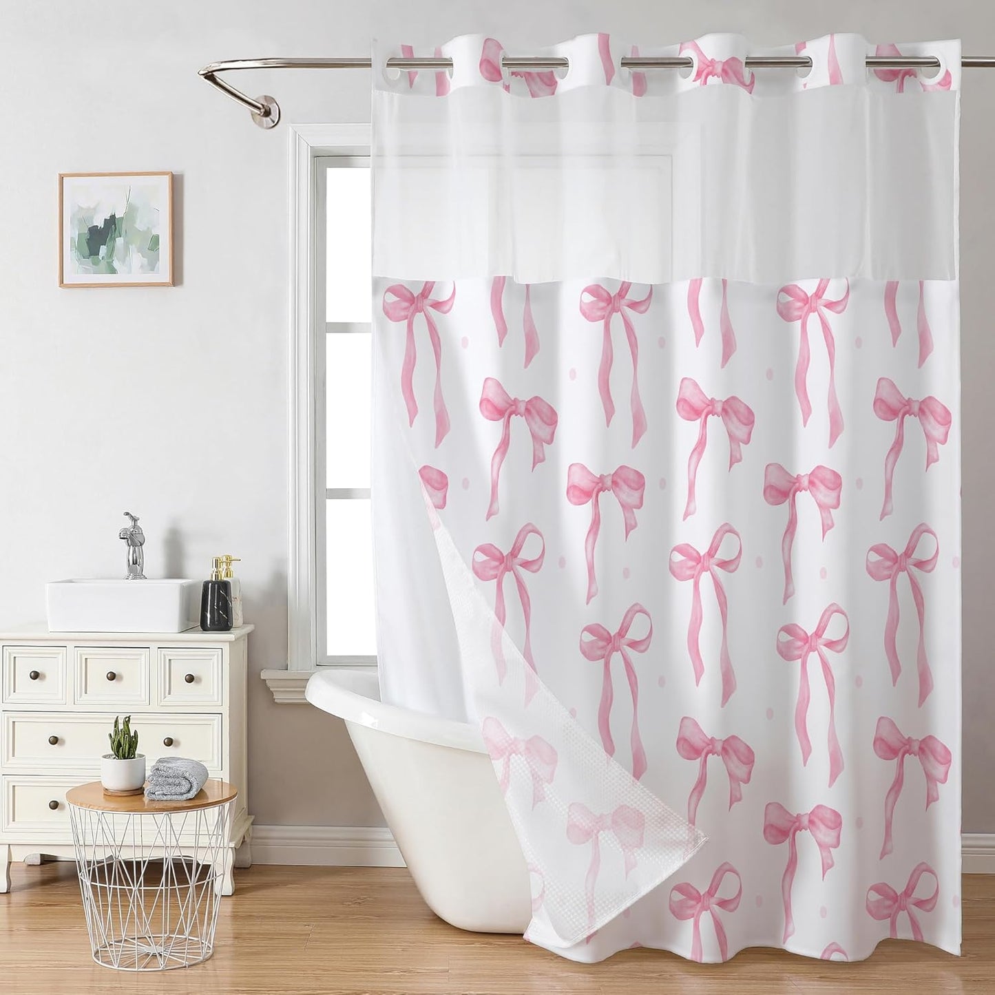 Double Layer Waterproof Pink Bow Shower Curtain Set - Cute & Convenient Bath Decor!