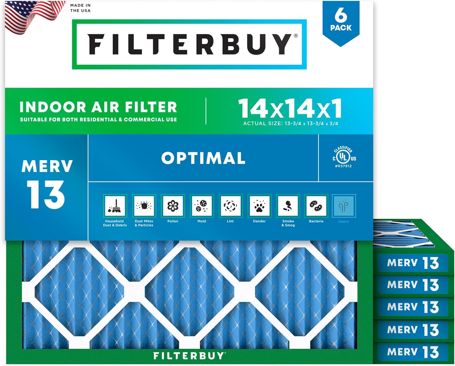 Filterbuy 14x14x1 Air Filter MERV 13 for Smoke & Allergy Defense